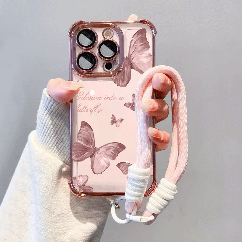Butterfly With Lanyard Chain Casing For OPPO Reno 14F 14 13F 12F 11F 13 12 11 10 Pro Plus 8T Reno14F Case Cover Shockproof Soft