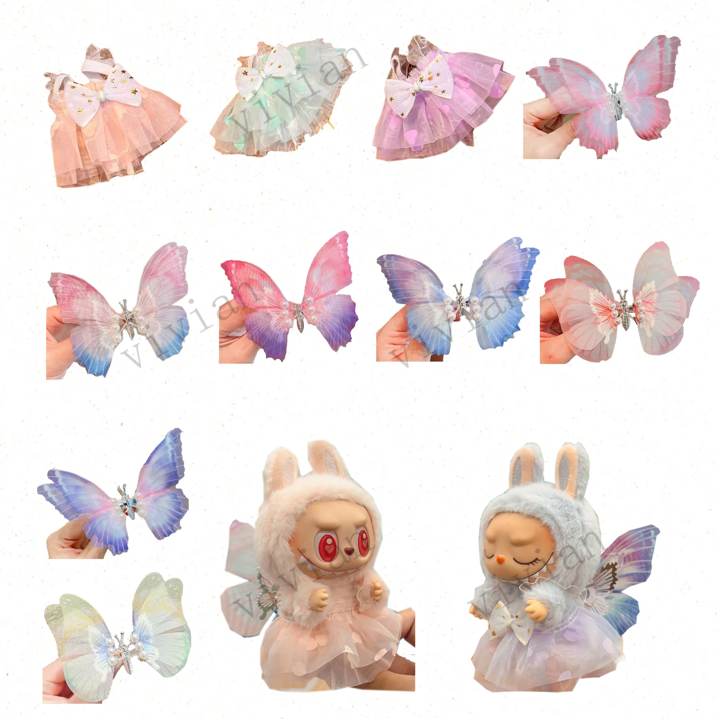 Mini Doll'S Clothes Outfit Accessories For 15cm Labubu V2 Love bow princess gauze skirt will move butterfly hairpin Clothing