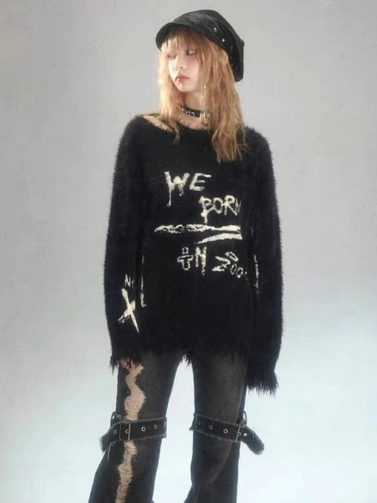 Y2k subcultura estilo Punk jersey de manga larga mujer Casual suéter con cuello redondo letra gótica Jacquard Vintage 2025 otoño
