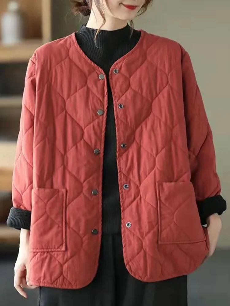 JMPRS Loose Women Short Jacket Cotton Padded Casual O Neck Mom Coats Fall Button Up Solid Thin Parkas Pockets New Korean Clothes