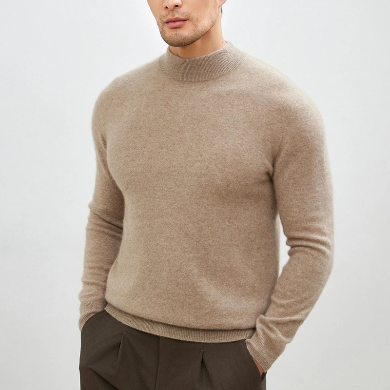 Autumn/Winter New Men's 100% Cashmere Knitted Sweater Casual Half High Collar Pullover Solid Color Simple Versatile Bottom Shirt