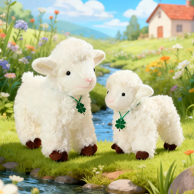 Simulation Standing White Lamb Plushie Soft Curly Sheep Stuffed Doll With Four-Leaf Clover Pendant Farm Animal Toy Home Ornament