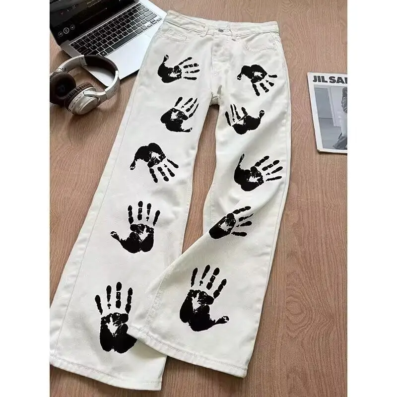 

Retro American White Jeans Men's Women's Wide Leg Fashionable Street Style Cotton Stretch Denim Youthful Trend Casual Wear