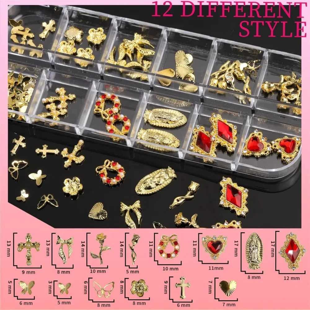 12 Sztuk Ozdób do Paznokci z Krzyżem Matki Boskiej, Stopu, Złote, Różowe Kwiaty, Motyle, Serca, Cyrkonie do Manicure Akrylowego