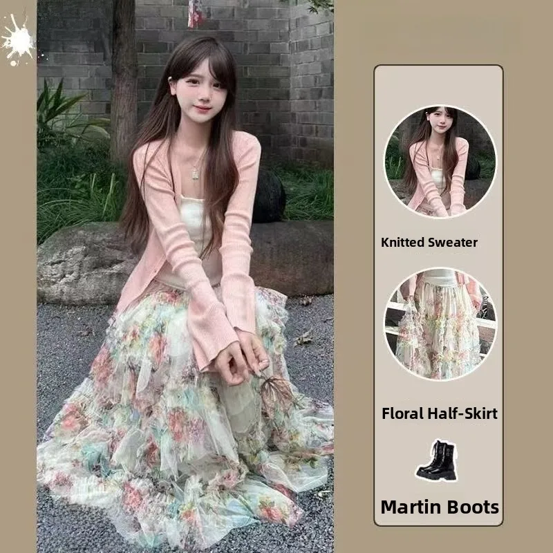 

Women's Soft Knitted Open Cardigan Tank Top High Waist Slim Print Skirt Three-Piece Set Casual Style Polyester Fabric