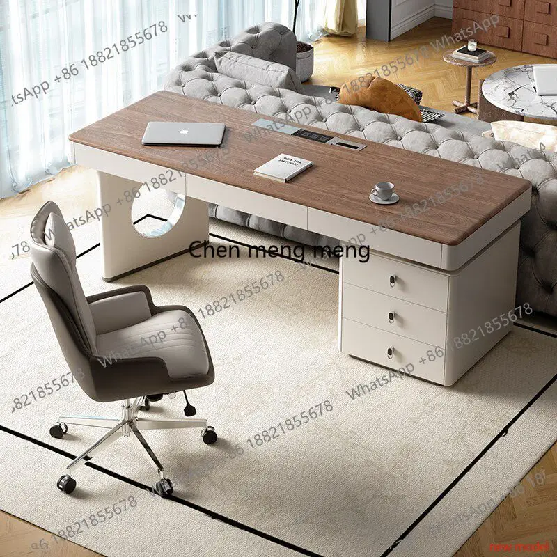 

Minimalist walnut color desk Italian light luxury skin paint with auxiliary cabinet computer table retro style A178