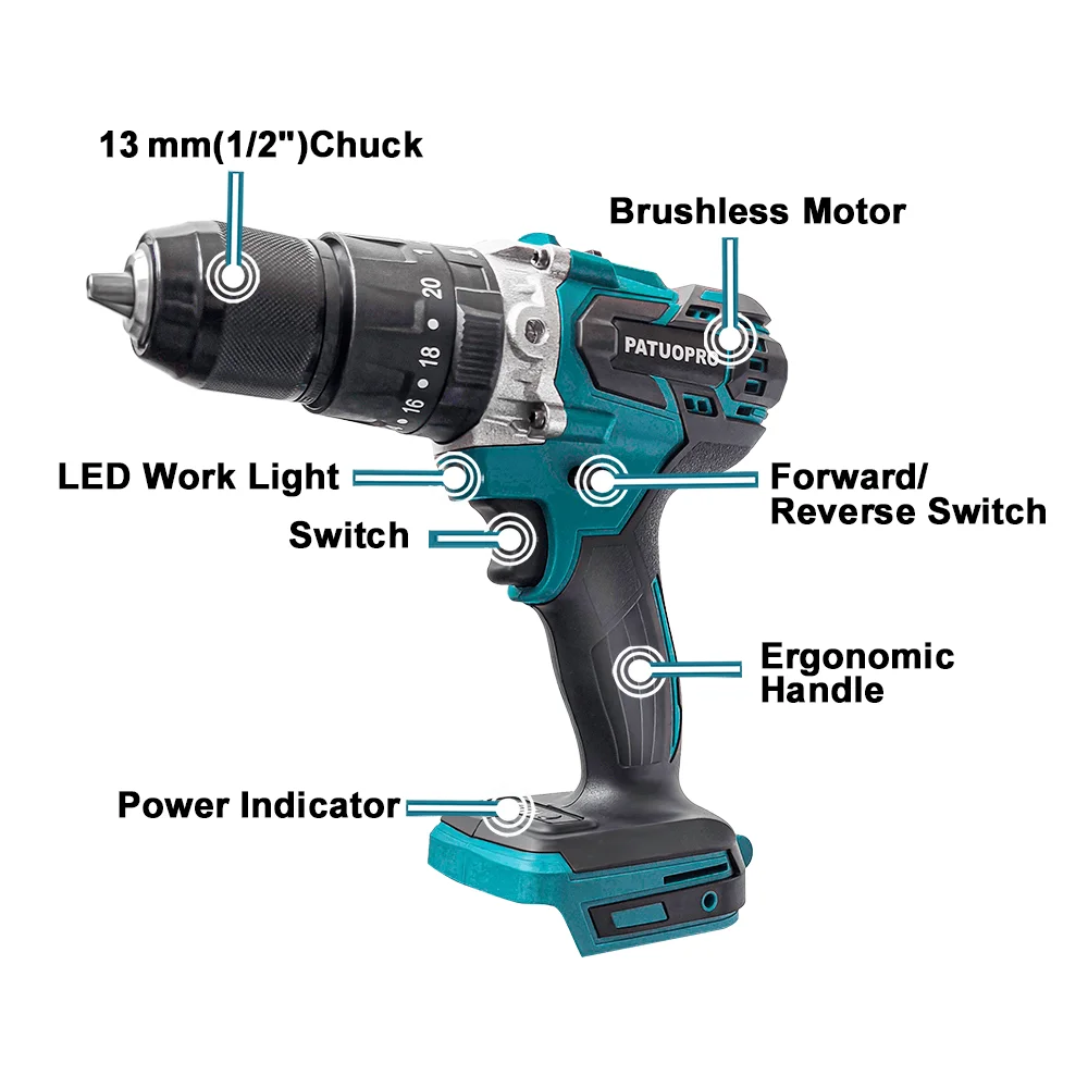 PATUOPRO 13MM Brushless Electric Impact Drill 20+3 Torque Cordless Screwdriver Ice Drill Power Tools For Makita 18V Battery