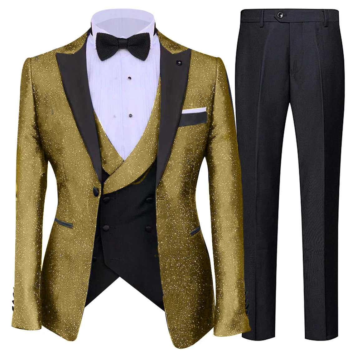 Wedding Tuxedos Men Suits Golden High-end Groom Wear Silky Shining Fabric Prom Suit Peaked Lapel Jacket Vest Pant Custom Made