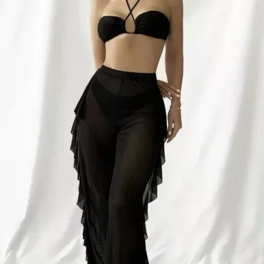 2025 новый сетчатый однотонный сексуальный купальник из трех частей бикини с разрезом и стрингами