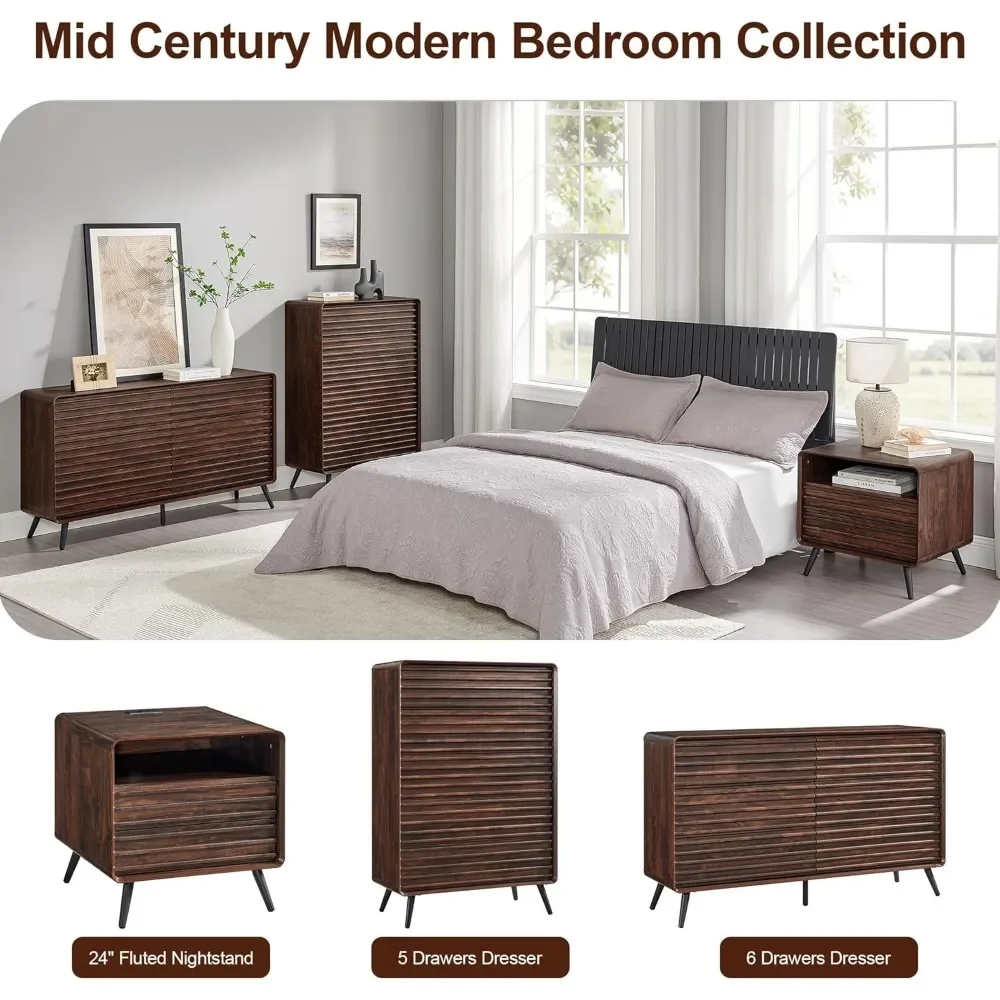 RedLemon Kommode mit 6 Schubladen für Schlafzimmer, 54'' breit, Mid-Century Modern, geriffelte Doppelkommode aus Holz, Kommode mit konischem L