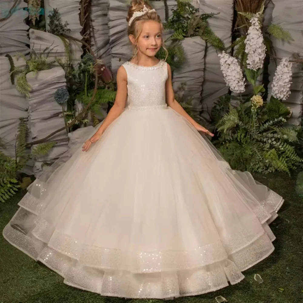 

Elegant Flower Girl Wedding Dress Sequined with Bow Sleeveless Tiered Princess Birthday Party Pageant Gown First Communion Dress