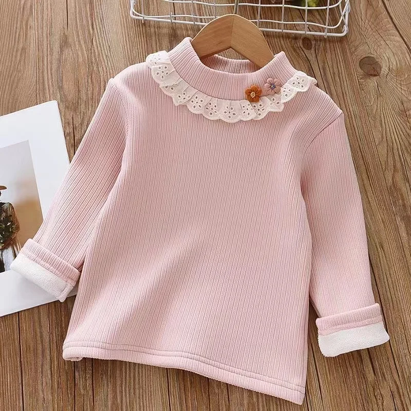 Meisjes Onderlaag 2024 Nieuwe Winter Kinderen Half Hoge Kraag Meisje Baby Buitenlander Schattige Pluche Verdikte Top Meisjes T-Shirt Kids