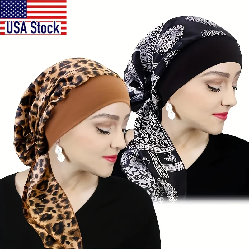 قطعتان من قبعة الحجاب النسائية المطبوعة من الساتان - قبعة نوم مرنة واسعة الحواف #1