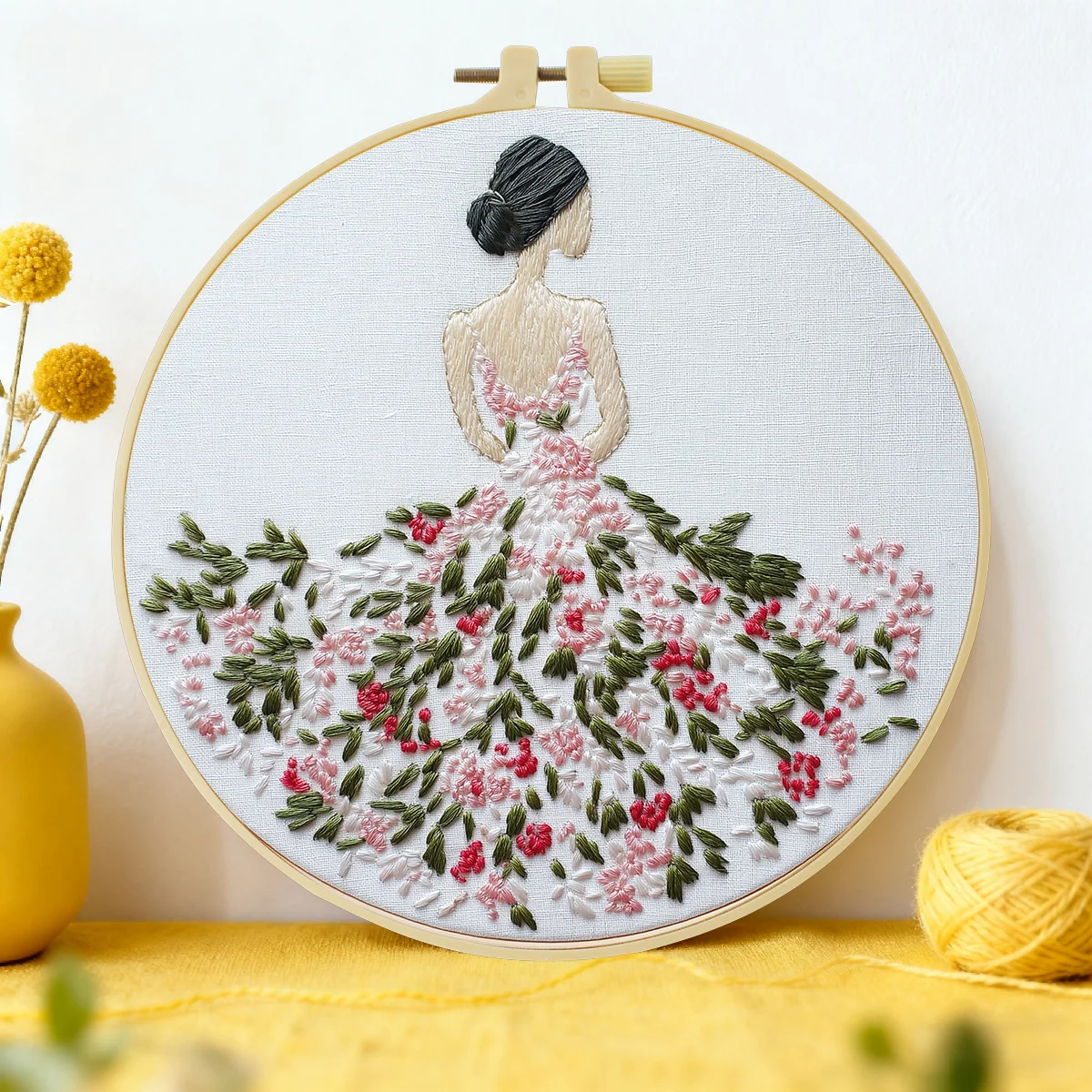 1 Stück 20x20 cm/15x15 cm 7,87/6,3 Zoll Stickerei-Starter-Kit DIY-Set Heimdekoration, Blumenkleid, Stickerei-Set – Detail 1