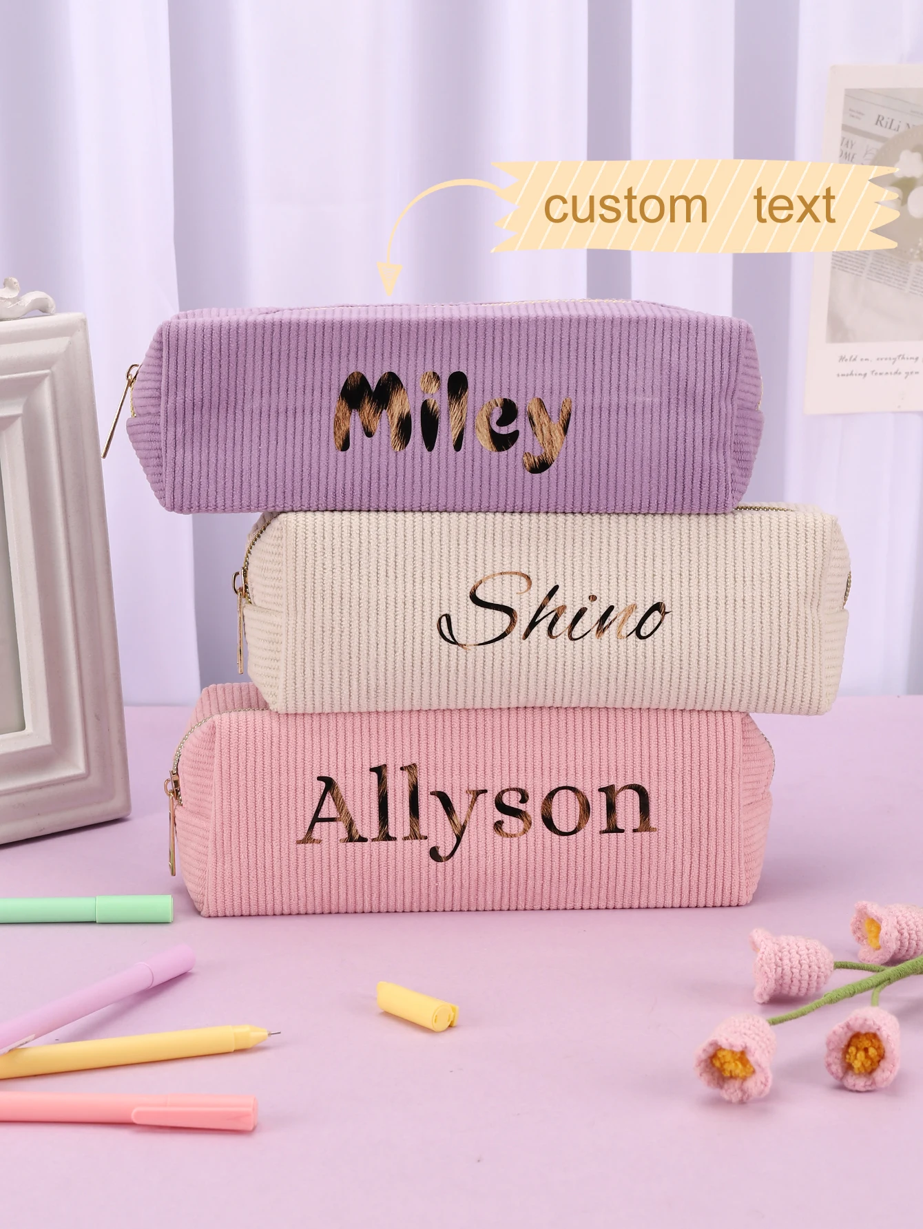 Custom Name Heat Transfer Corduroy Pencil Case Personalized Zipper Pen Bag Large Capacity Stationery Organizer Back to School