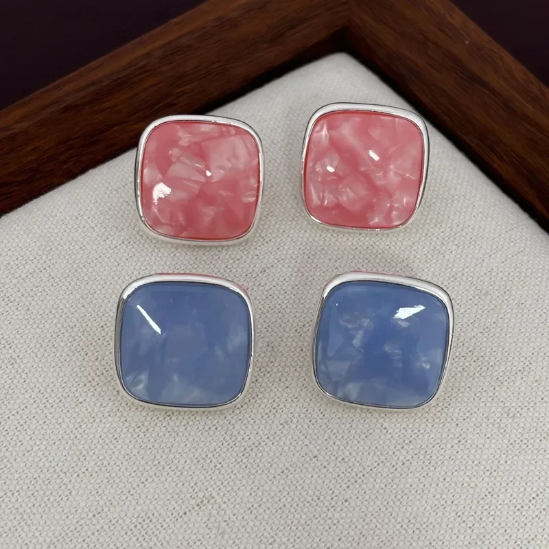 Summer new natural fritillary square stud earrings for women's niche design Macaron versatile simple temperament stud