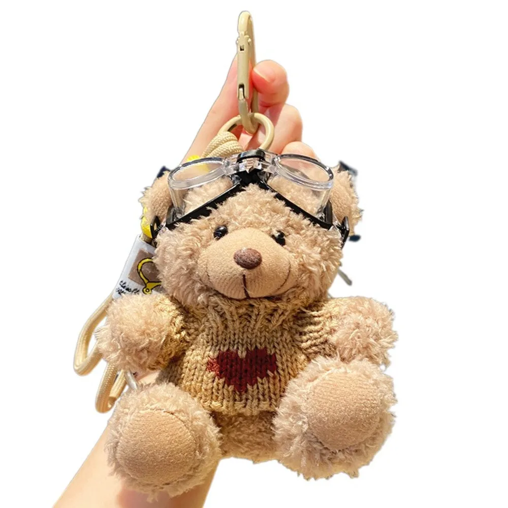 Creative Goggles Pilot Bear Keychain Pearl Hanging Rope Plush Bear Key Ring Doll Clothing Bell Stuffed Animal Pendant Backpack