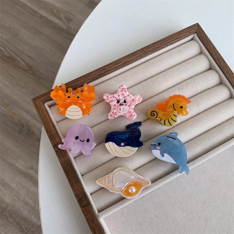 Small Delicate Cute Ocean Trumpet Acetate Hair Clips Cartoon Whale Seahorse Crab Starfish Hair Grab Side Bangs Clip for Girls