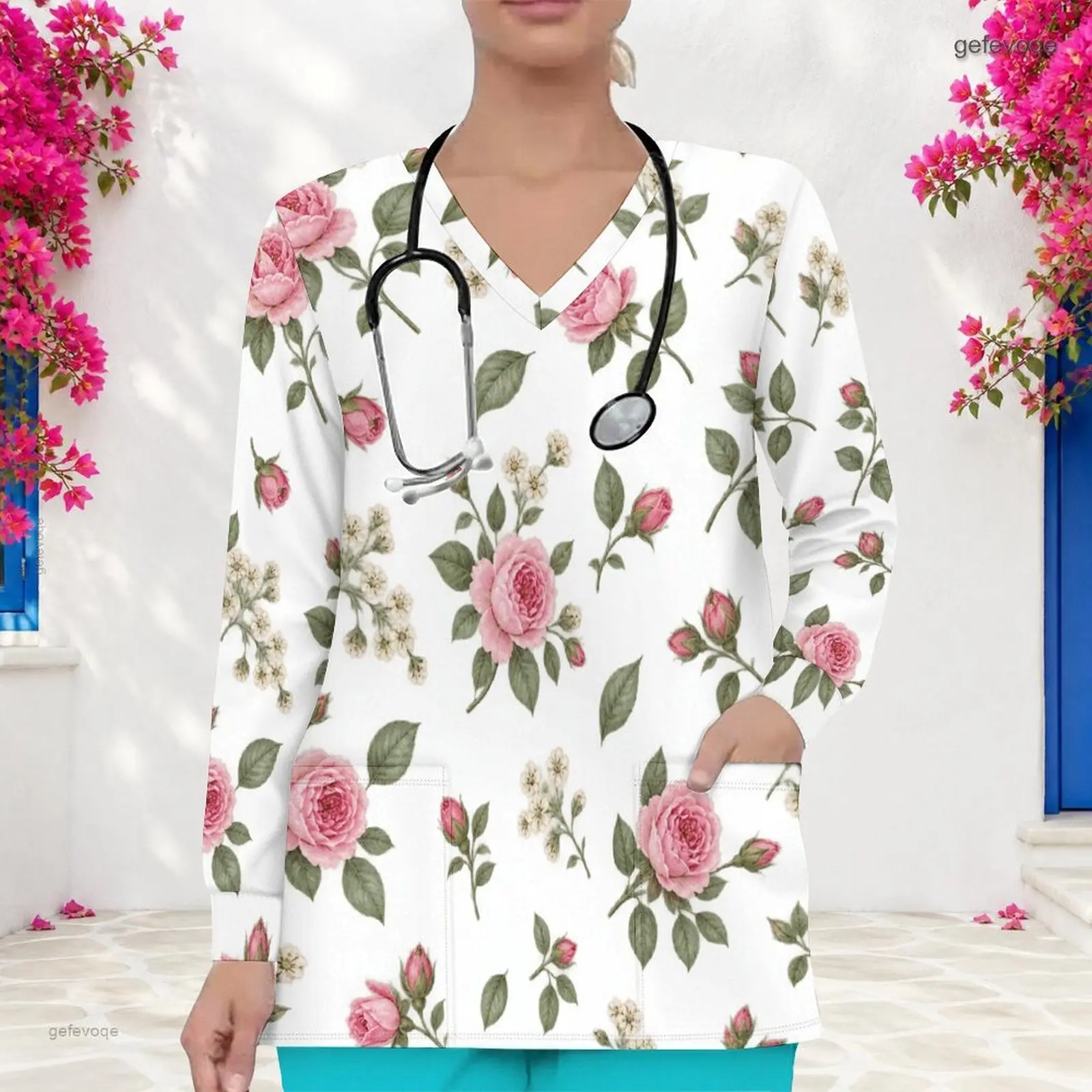 Women V Neck Long Sleeve Printed Floral Red Berry Blue Leaf Scrub Top with Front Pockets