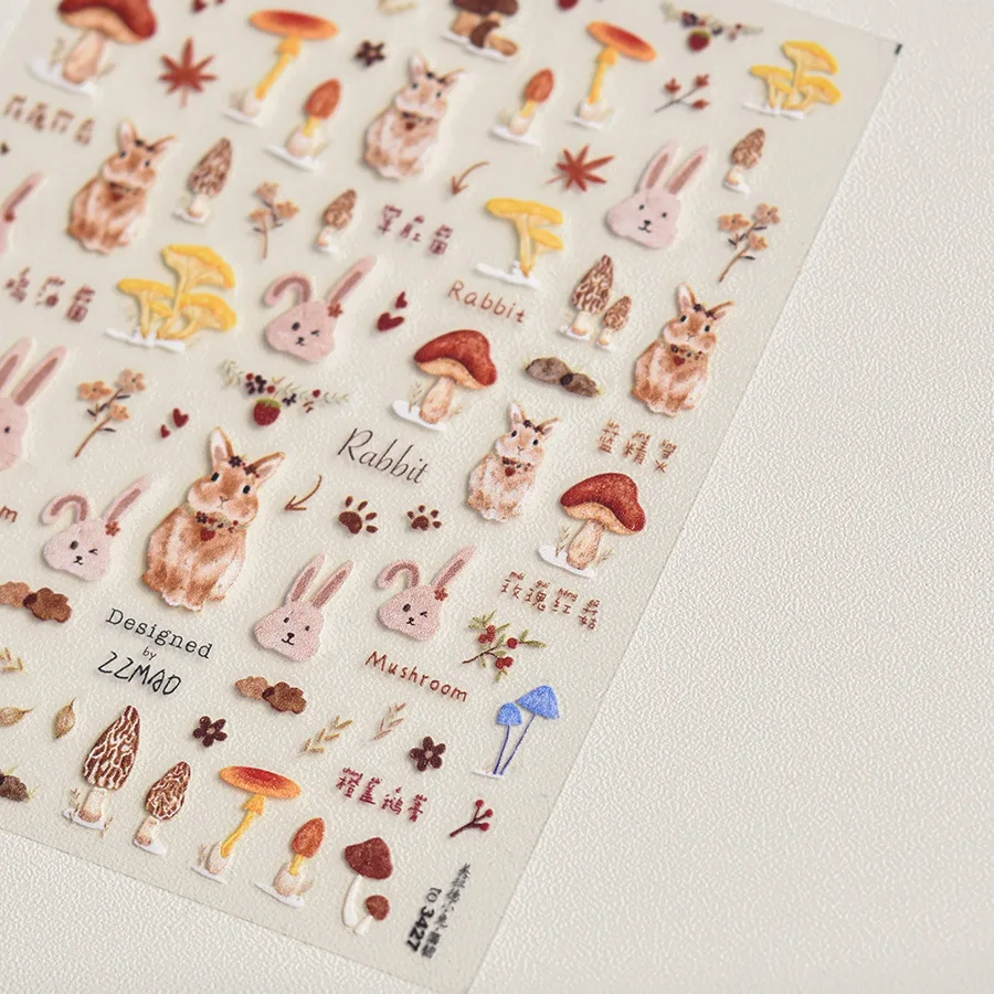 Pegatina artística 5D de bosque mágico para uñas, animales de otoño, zorro, mariposa, búho, ciervo, coches clásicos, hojas que caen, calcomanía para manicura de temporada DIY