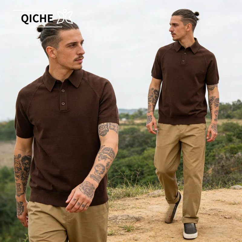 QICHE Men Italian Style Knit Polo Shirt Ice Silk Short Sleeve Lapel Amekaji Breathable Vintage Casual T-shirt