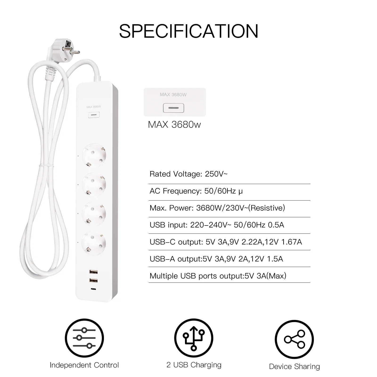 MOES WiFi EU Tuya Smart Power Streifen Surge Protector 4 Plug Power Monitor Sockel mit 2 USB 1 Typ C APP ControlVoice Control
