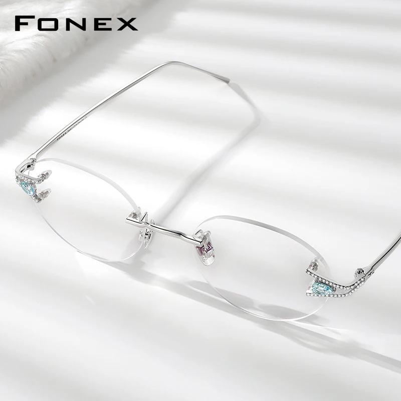 Montura de gafas Fonex de plata de ley S925 para mujer, gafas sin montura de diseño de marca de lujo, gafas japonesas con diamantes de S002