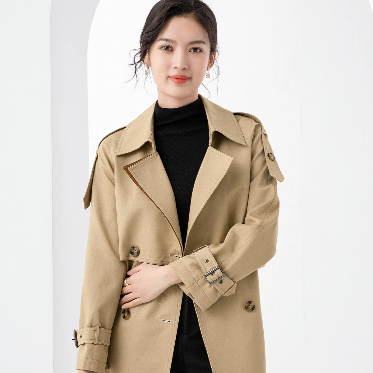 

BET Cotton Woolen Women's Coat Long Sve Double Breasted Briti Sle Commute Windbreaker Regular Sve Length