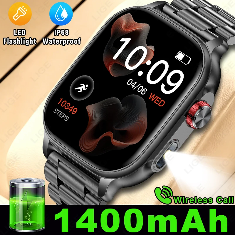 LIGE New 1400mAh Big Battery Smart Watch Men Outdoor Flashlight IP68 Waterproof Bluetooth Call Military Sports Women Smartwatch