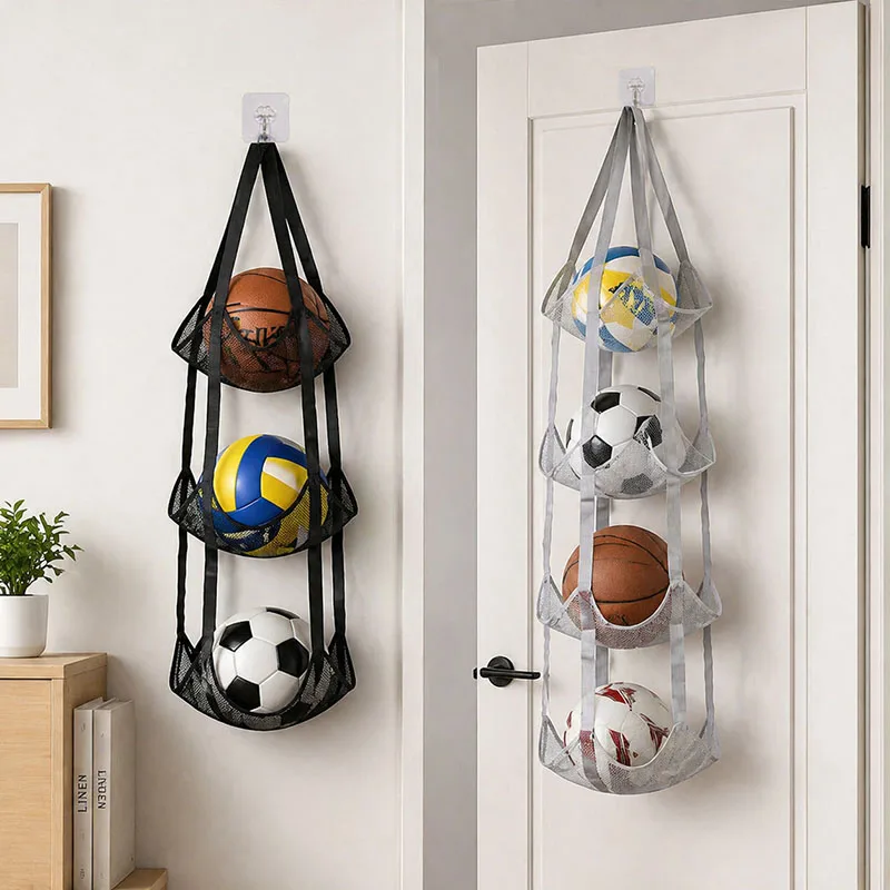 Wall Mount Ball Storage Hanging Bag - Soccer Helmet Backpack Rack - for Door Back - Mesh Multi Layer Toy Doll Organizer Racks