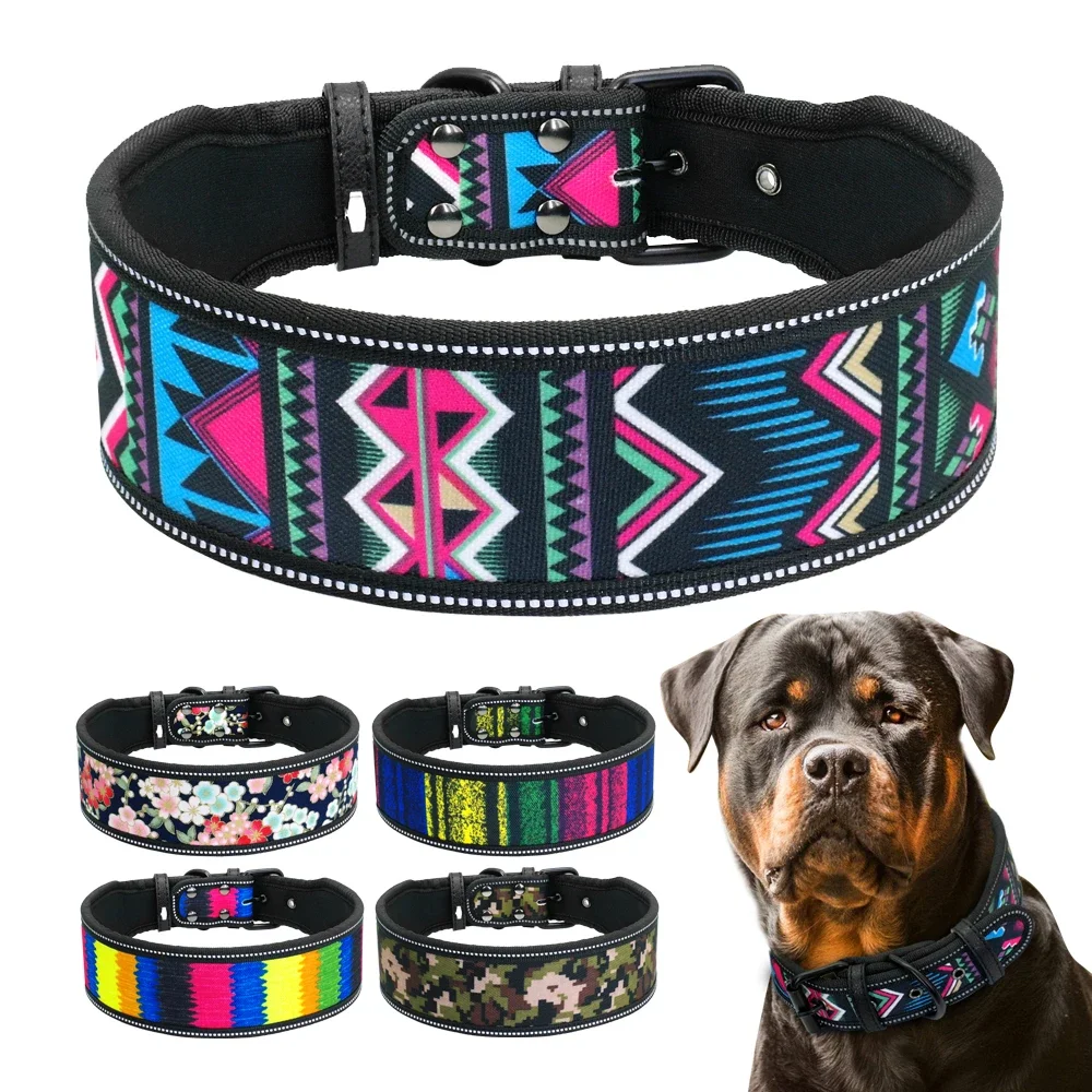 Nylon Dog Collar Reflective Pet Dogs Collars Breathable Padded Striped Pitbull German Shepherd Medium Large Dogs Collar S M L