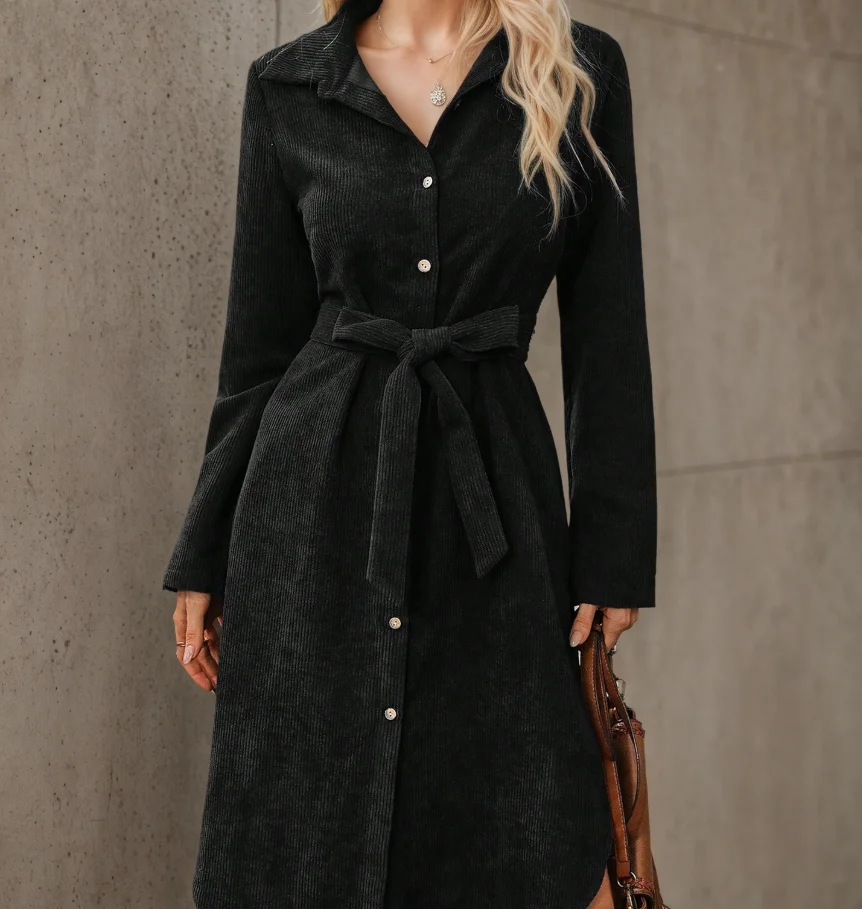 

2026 Elegant New Fashion Casual Autumn and Winter Long Sleeved Corduroy Front Open Waistband Irregular Shirt Skirt