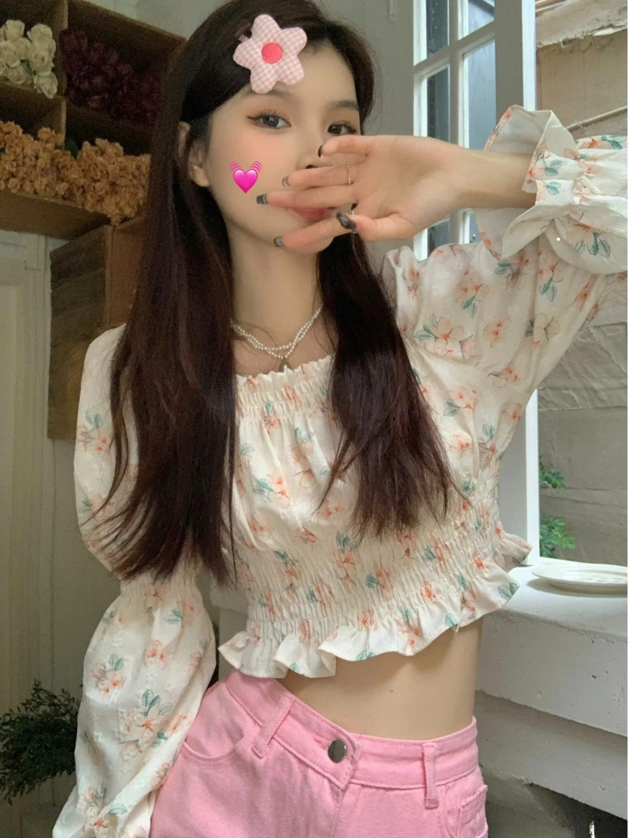 

Новая весенняя женская блузка из шифона с квадратным вырезом и цветочным принтом, с завышенной талией, длинными рукавами, модная повседневная одежда