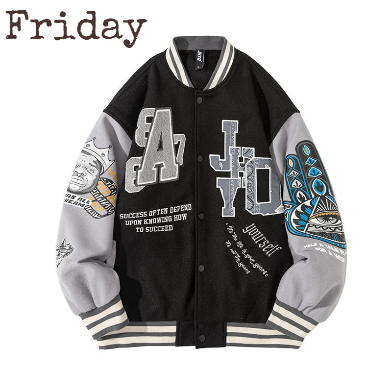 

Fashionable Casual Eyeball Pattern Men Clothing Retro Stand-up Collar Winter Jacket Men American Street Hip-hop Baseball Jacket