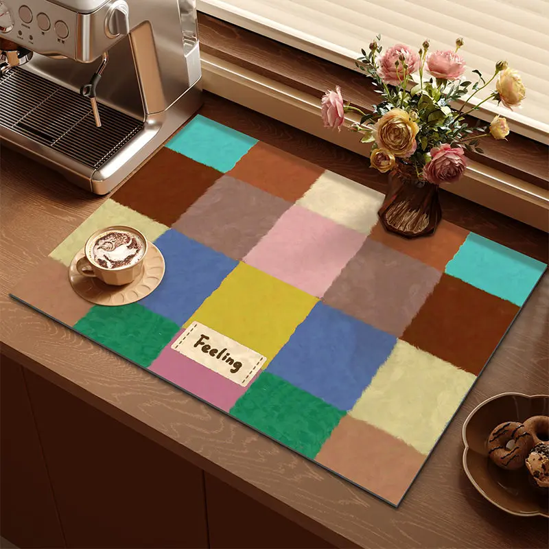VIKAMA Pastel Color Block Drying Mat Patchwork Print Waterproof Non Slip Pad For Coffee Bar Kitchen Worktop Decor Kitchen Mat