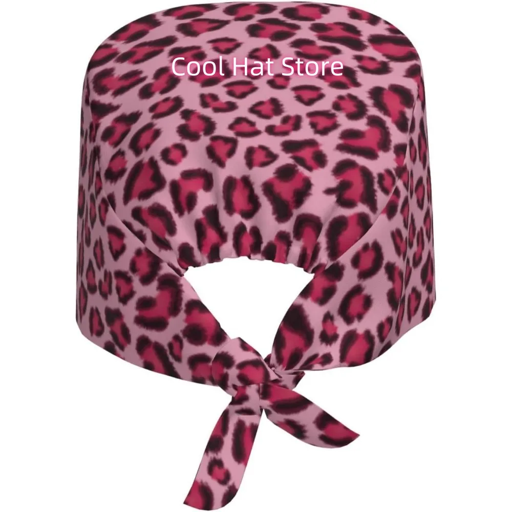 1pc Adjustable Scrub Cap with Sweatband - Lightweight 100% Polyester, Pink Leopard Print & Spots Design, Elastic Band & Adjustab