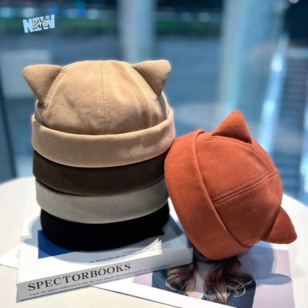 

Leisure Wool Cat Ear Beanie Hat Polyester Solid Color Melon Skin Cap Soft Casual Brimless Skullies Cap Outdoor