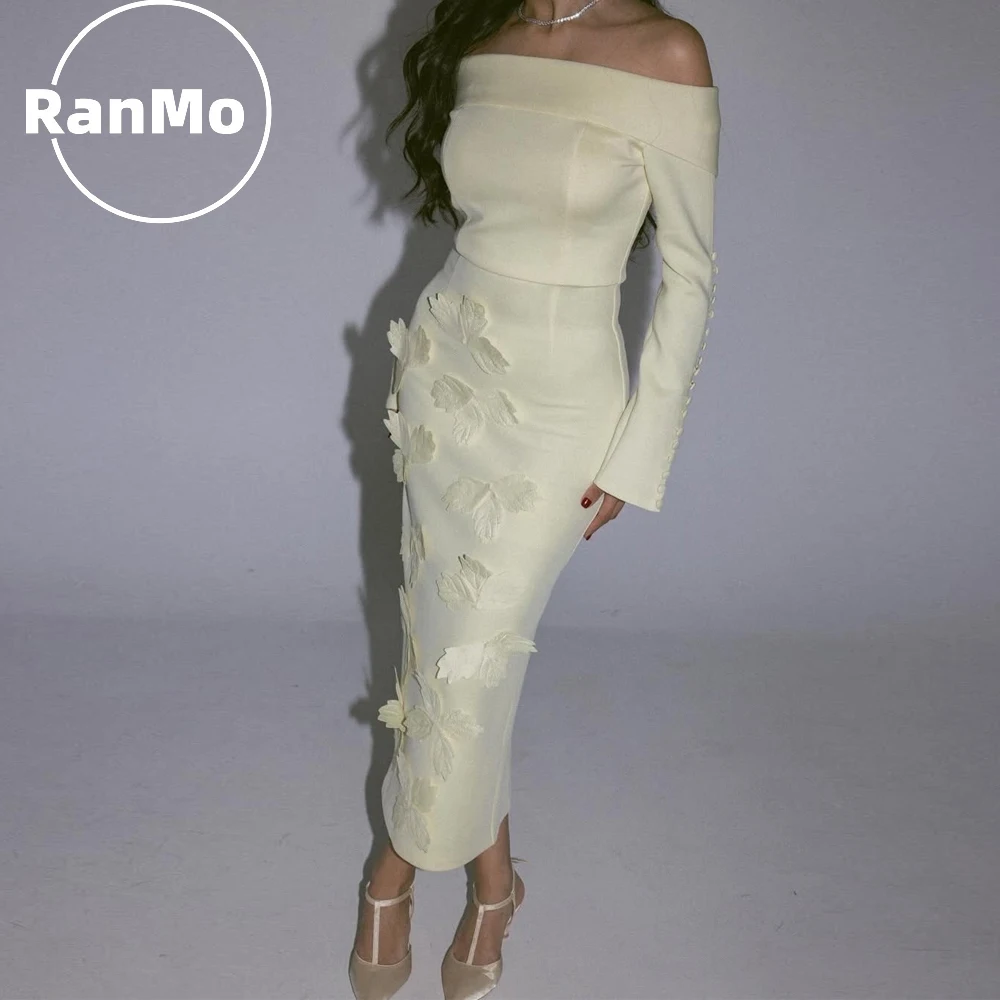 Ranmo Customized Saudi Evening Dresses Ankle-Length Off Shoulder 3D Flowers Prom Dresses Women Party Gowns شارون سعيد