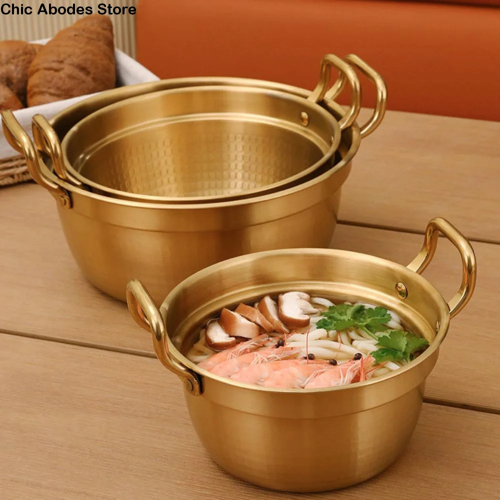 

Serving Pot Stainless Steel Korean Ramen Pot Gold/Silver Double Handle Soup Pot Rust-proof Durable Milk Pot Cuisine