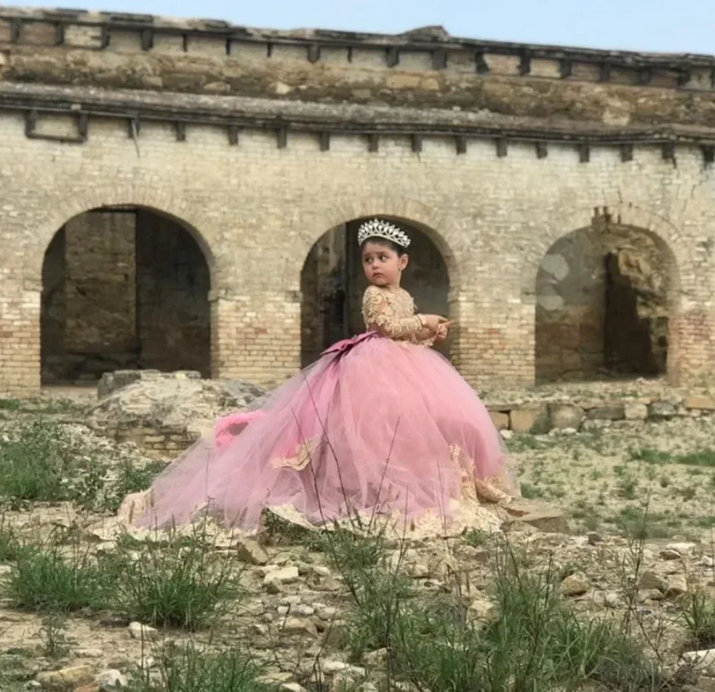 Vestidos de niña de flores con apliques, fajas, cuello redondo, mangas completas, vestido de desfile de princesa, vestido largo de fiesta para niños, primera comunión