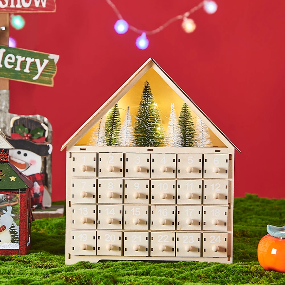 

Деревянный светодиодный календарь обратного отсчета в форме дома с 24 пустыми ящиками для хранения, 24-дневный рождественский календарь обратного отсчета для детей