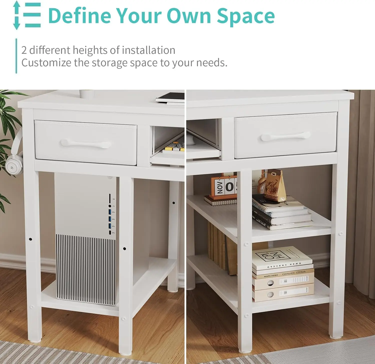 White Desk with Keyboard Tray Slide Out, 47 Inch Home Office Computer Desks with Fabric Drawers & Storage Shelves