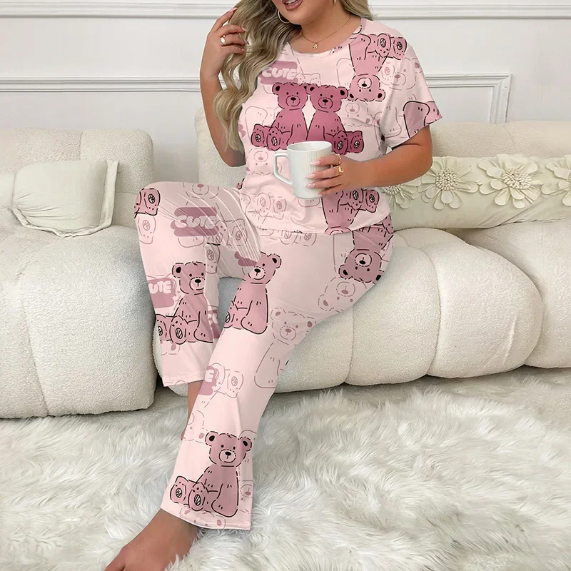 3XL 4XL 5XL Plue Size Oversized Pajama Set for Women\'s Autumn Winter Sleepwear T-shirt Trousers Cartoon Bear Printed Loungewear