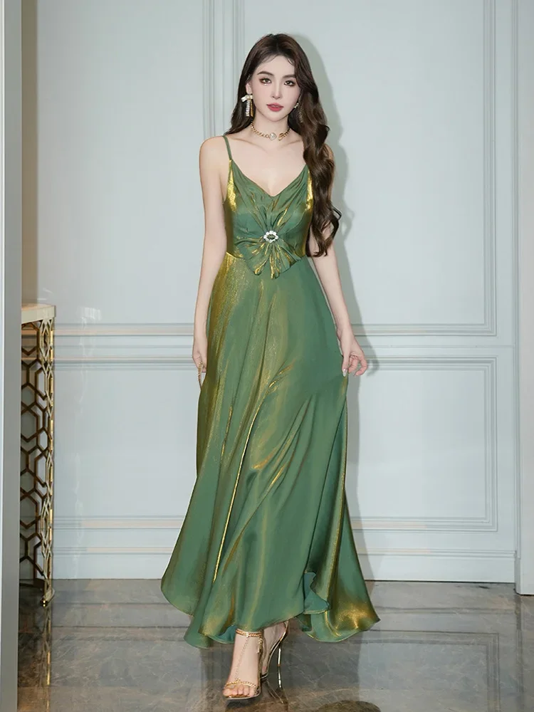 Chic Stylish Sexy Dress 2024 Summer French V-Neck Butterfly Knot Irregular Hem Green Bodycon Long Dresses for Women vestidos