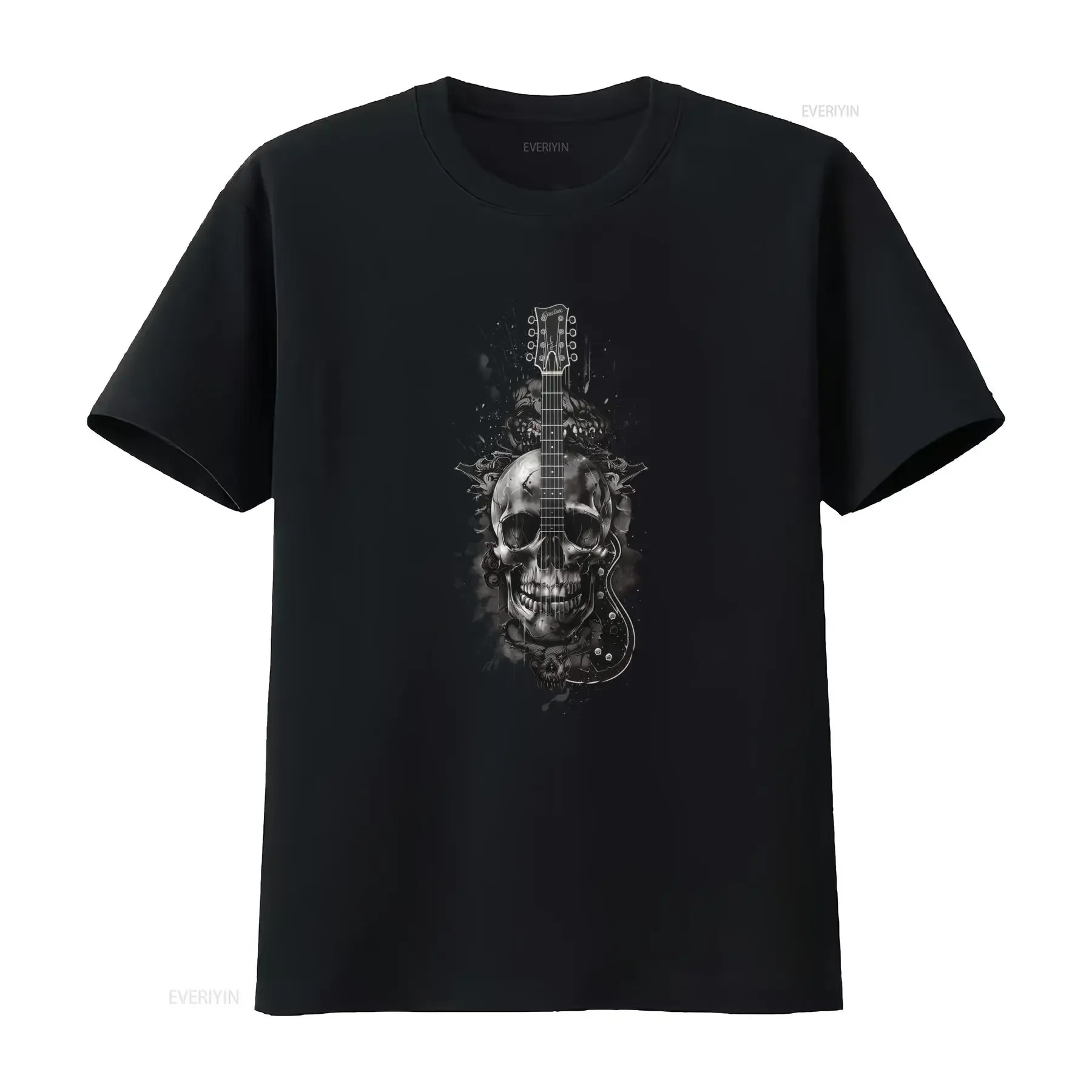 Camiseta de Música para Hombre Estampado Guitarra Calavera Blanca y Negra con Diseño Diapasón Malla Transpirable Casual Todas