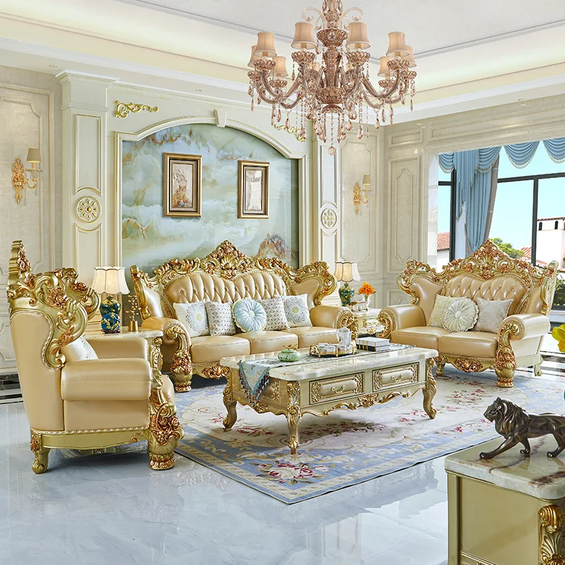 European Leather Sofa 123 Combination Luxury Living Room Villa American Solid Wood Sofa U-shaped Champagne Gold-painted Home