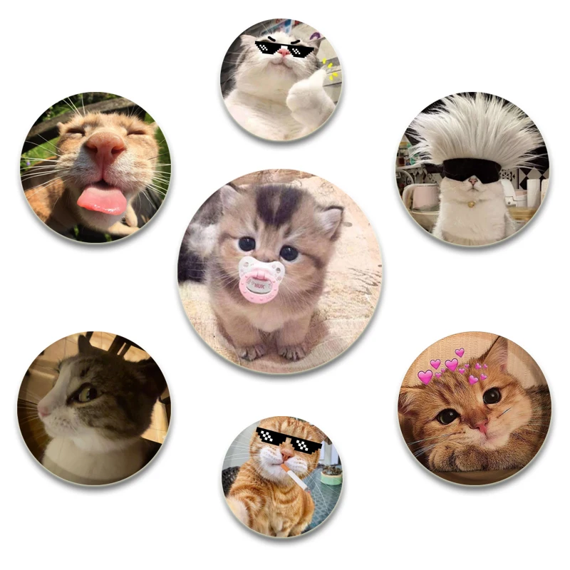 32–75 mm lustige süße Katzen-Symbole zum Aufstecken, runde Brosche, Cartoon-Abzeichen für Rucksack, Hut, Schmuck, Accessoires, Geschenke