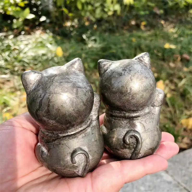 Natural Pyrite Fortune Cat Carving Figurine Ornament Healing Craft Home Decor Stone Holiday Gift 1PCS