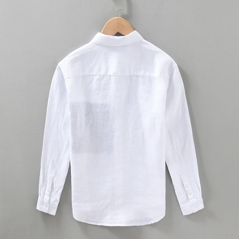 100% Linen Casual Shirt for Mens Long Sleeve Turn-down Collar Patchwork Shirts Spring New Men Dress Shirt