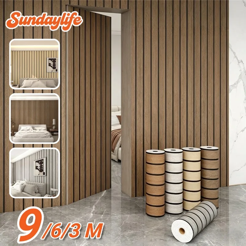 Self Adhesive Faux Grille Wall Panel for Living Room Background Wall Decoration Wall Sticker Wood Grain Peel and Stick Wallpaper